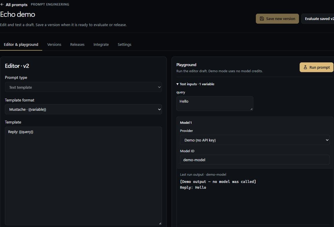 LLMForge Echo demo prompt editor with a saved template and format controls