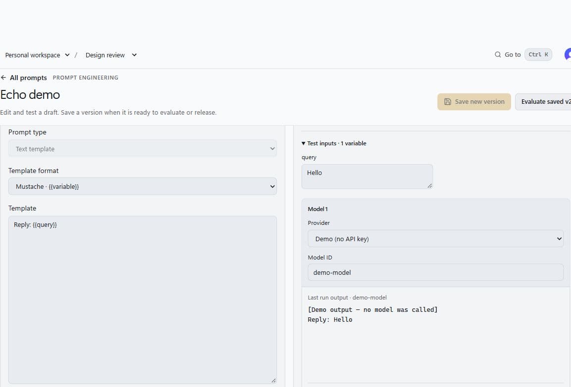 LLMForge Echo demo prompt editor with a saved template and format controls